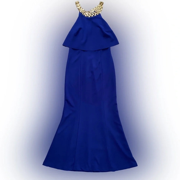 DECODE 1.8 Royal Blue & Gold Chain Halter Mermaid Formal Evening Dress Size 4 - Picture 1 of 16